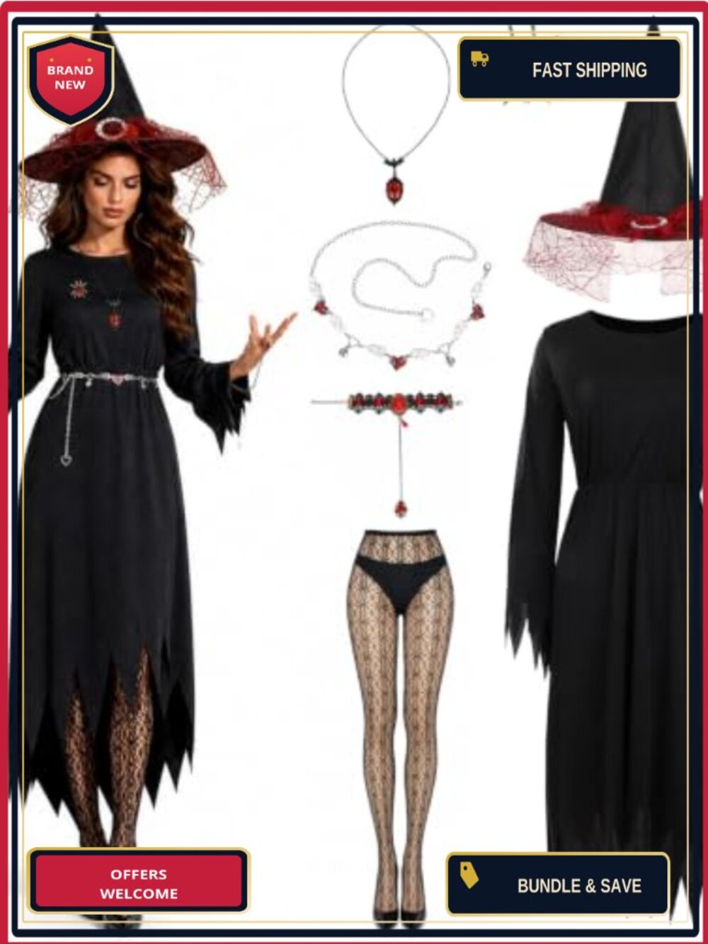 Witch Costume Set 7 PCS Dress Hat Socks Jewelry Cosplay